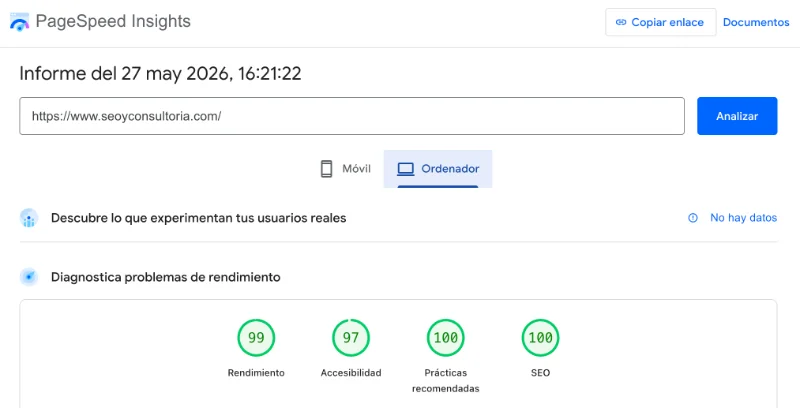 Resultado de PageSpeed Insights de seoyconsultoria.com en escritorio: 99 en Rendimiento, 97 en Accesibilidad, 100 en Prácticas recomendadas y 100 en SEO