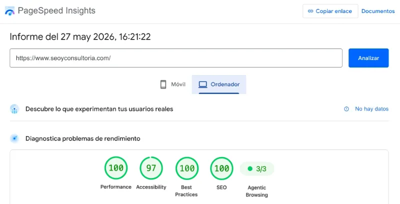 Resultado de PageSpeed Insights de seoyconsultoria.com en escritorio: 99 en Rendimiento, 97 en Accesibilidad, 100 en Prácticas recomendadas y 100 en SEO