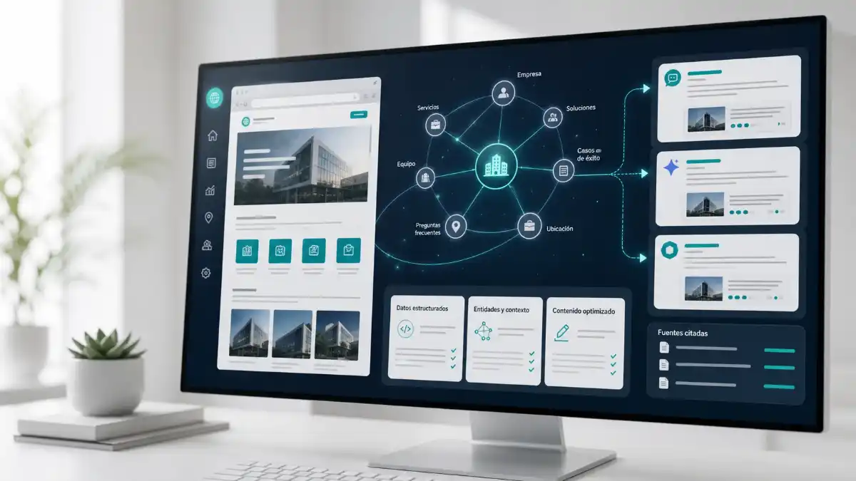 Dashboard de visibilidad SEO para inteligencia artificial con entidades, datos estructurados y fuentes citadas